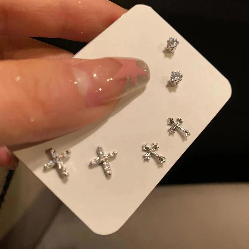 6Pcs/set copper Color Rhinestone Cross Stud Earrings for Women Fashion Punk Earring Sets Trendy Zircon Gifts Wholesale