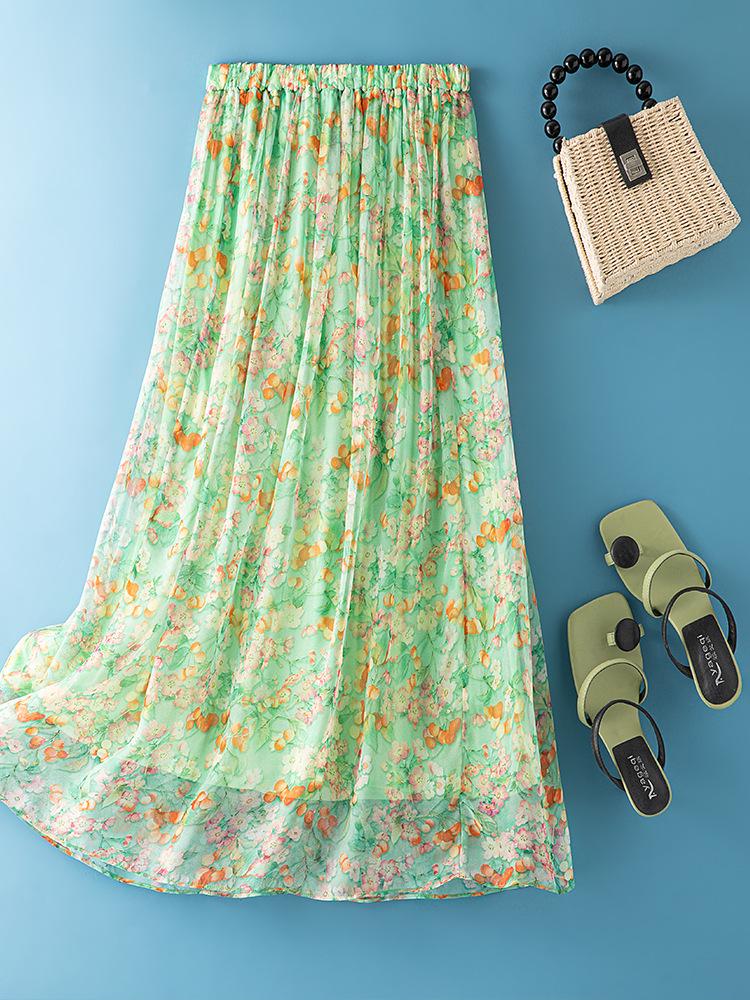 

Миди-юбка А-силуэта из тутового шелка для женщин - Длина ниже колена, Лоскутный принт, Эластичная талия слим-фит, Летний стиль со средней посадкой L