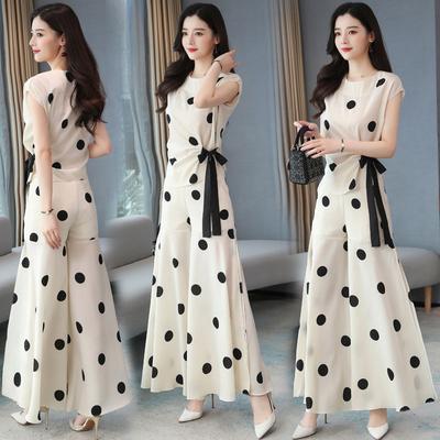 Women's Fashion Chiffon Sport Suit Summer Polka Dot Wide Leg Pants Crop Tops Two Piece Set for Women Plus Size Clothing