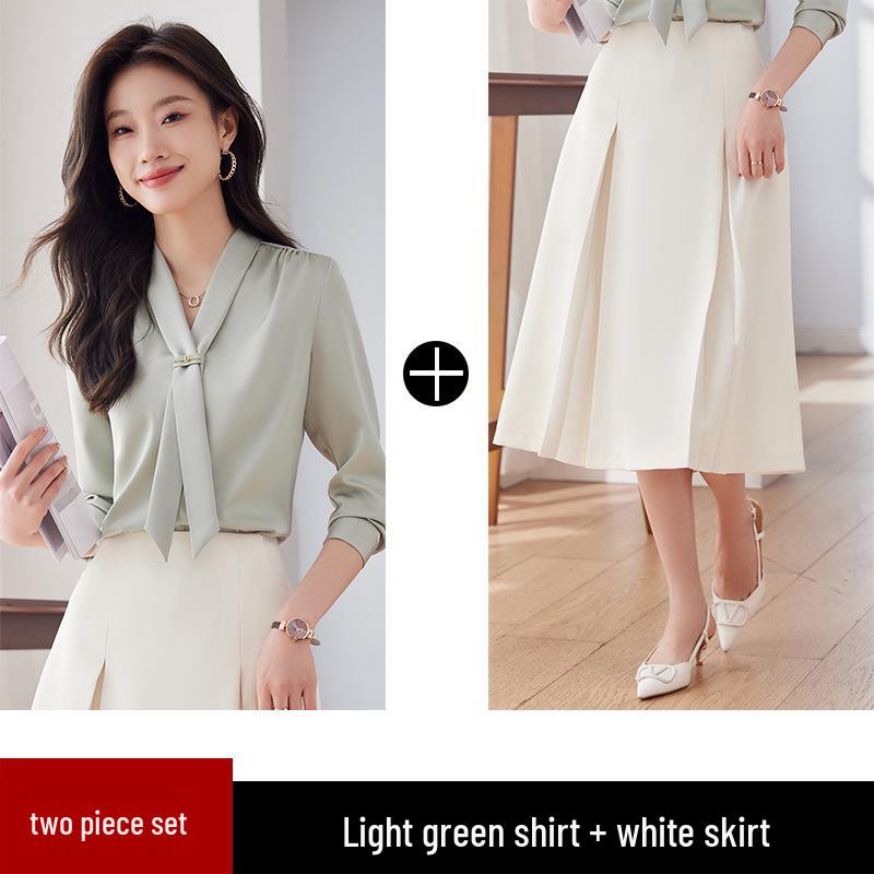 2024 Frühling Damen Stehkragen Bindeband Satin Fließende Bluse - Lockere Passform, Professionelles OL-Design