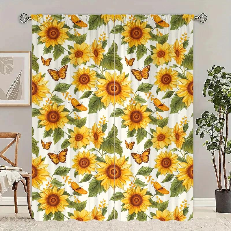 

Set Of 2 Yellow Sunflower Butterfly Print Filter Curtain Digital Printing Suitable Living Room Bedroom Home Decoration For Area Made Polyester W100*H70(CM)-Rod Pocket&2PCS