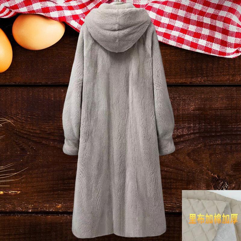 Imitert minkfleece pelsjakke høst og vinter dame medium og lang over kneet løs stor størrelse hettejakke