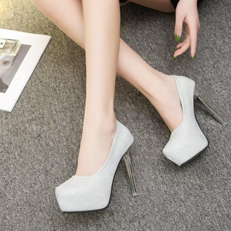 Silver Metal Heel Platform Pumps Women Shallow Sexy Sequined Cloth Super High Heels Round Toe Ladies Party Prom Shoes 2026
