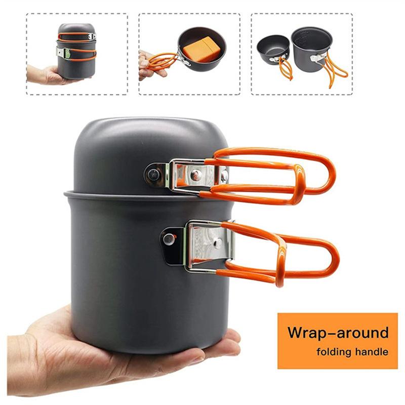 Outdoor Camping Cookware Frying Pan Skillets 1-2L Portable 1-2 Person Backpacker Set Multi-functional Metal Nonstick Gas Stove