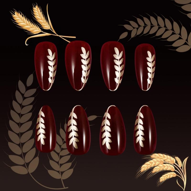 24 Pcs Valentines Day Press On Nail Short Almond False Nail Wheat Acrylic Nail Full Cover Stick on Nail for Women