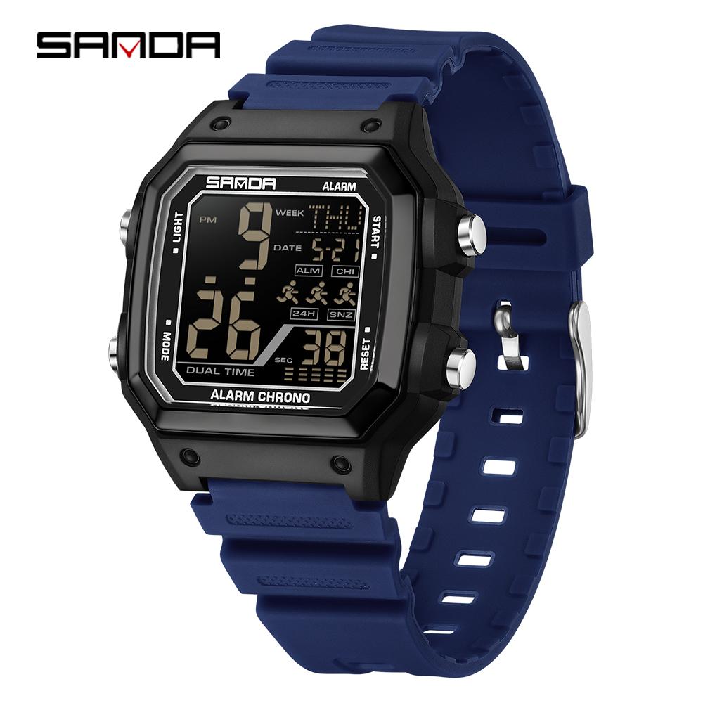 Sanda 6380 Fashion Men's Electronic Led Digital Watch Sports Night light Multi Functional Waterproof Student Timing Alarm Clock