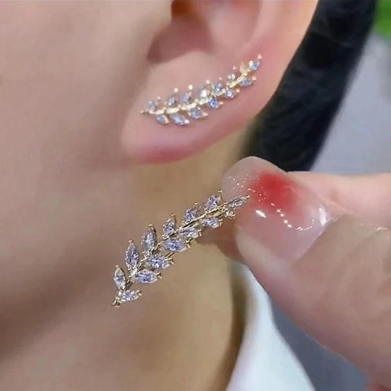 Luxury Rhinestone Leaf Stud Earrings for Women Shiny Wheat Ear Cuff Wedding Jewelry Exquisite Fashion Accessory