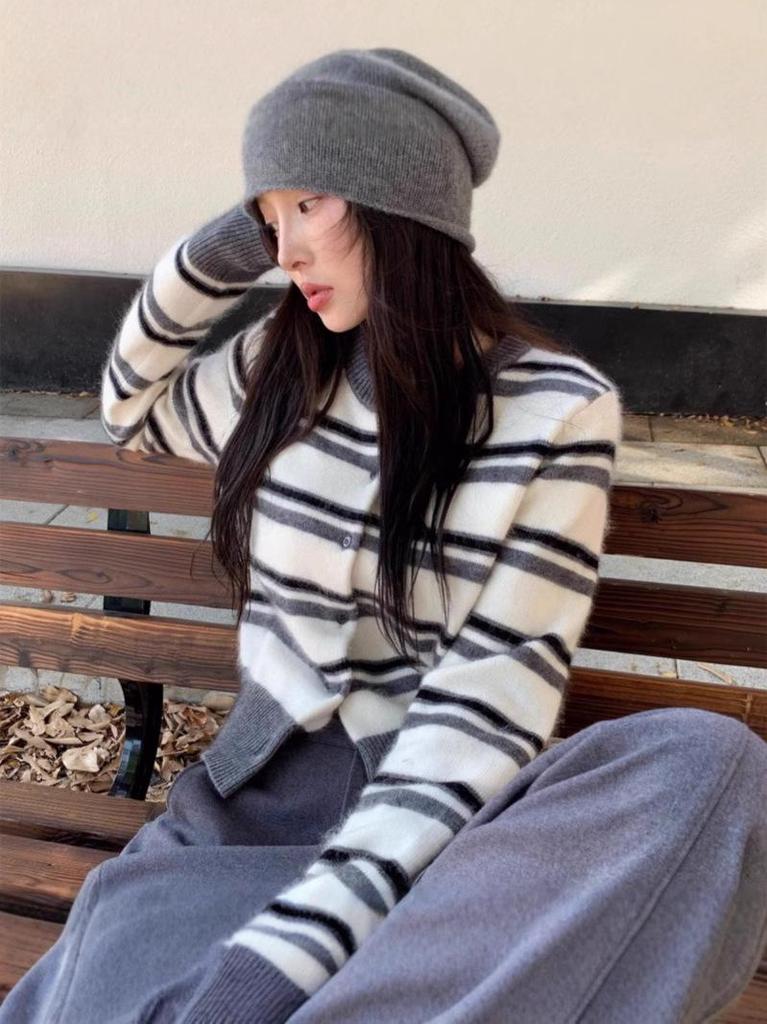 Korean Striped Wool Knit Cardigan for Women - Petite Loose Fit, Round Neck, Early Autumn Sweater Coat
