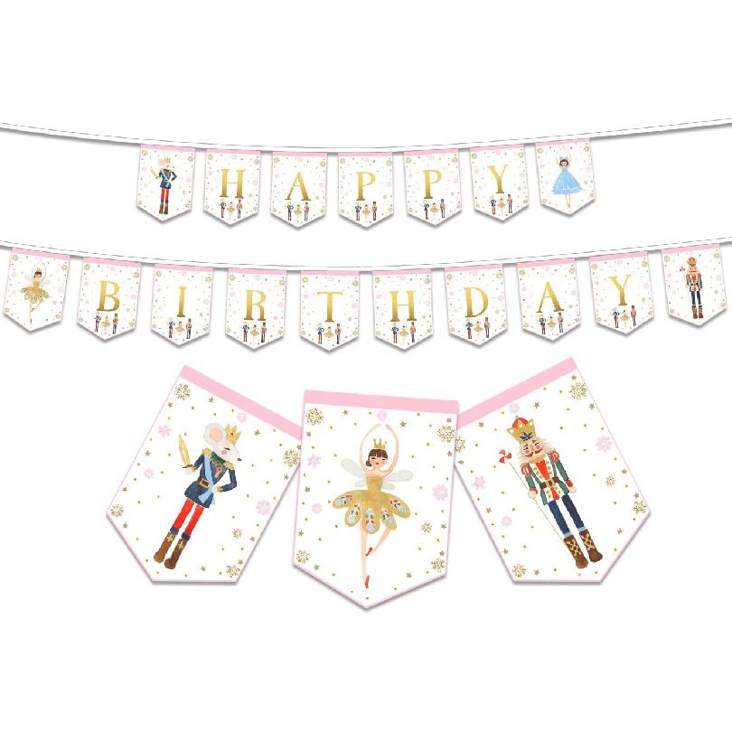 Nutcracker Birthday Banner for Kids and Adults, Party Supplies Decorations for Winter Birthday and Ballet, Mouse King and Ballerina Bunting Garland