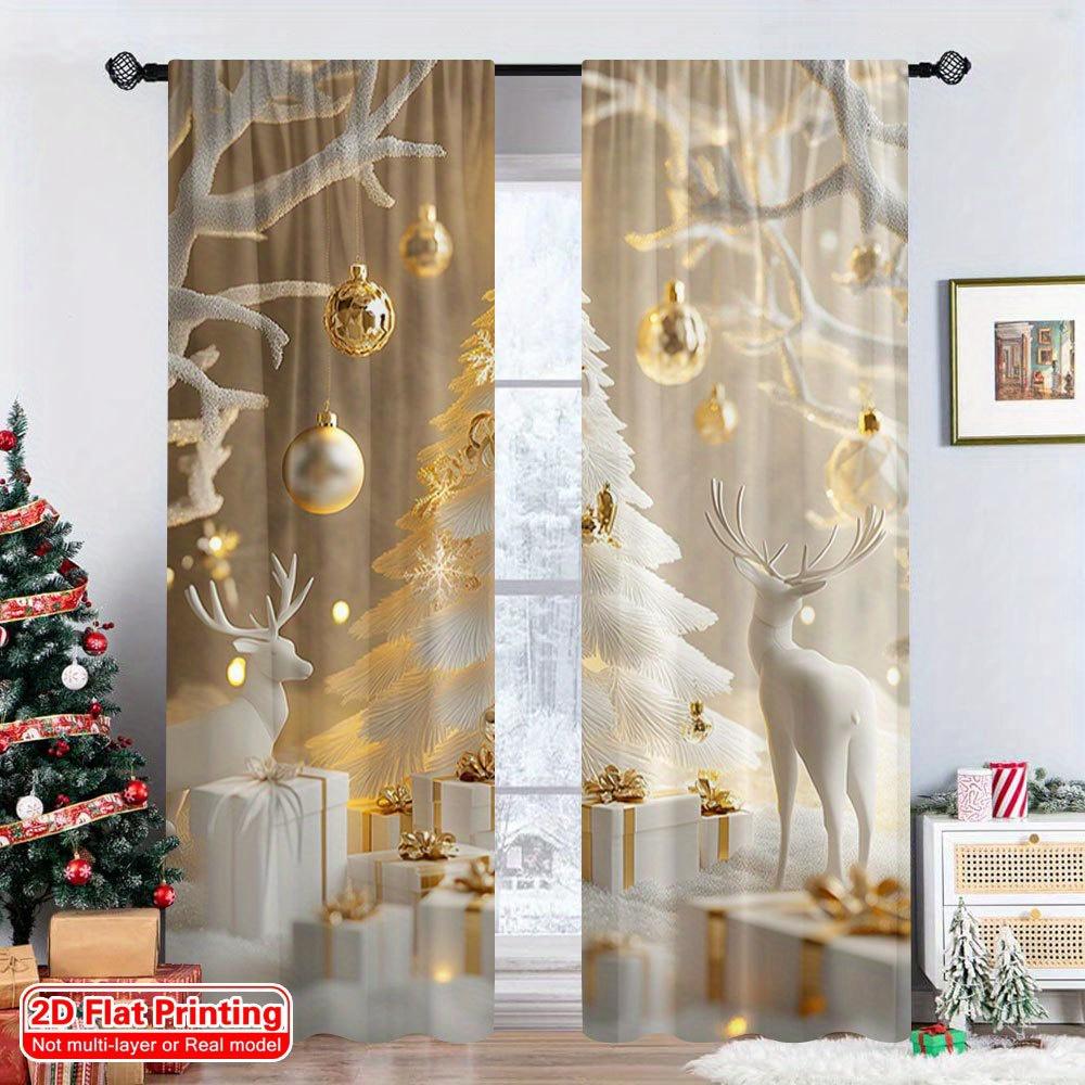 

Gold Christmas Wonderland Print Curtains Decor Bedroom Office Living Room Kitchen Curtain Set Of 2 Elegant Made Polyester Washable Ready W100*H70(CM)-Hooks&2PCS
