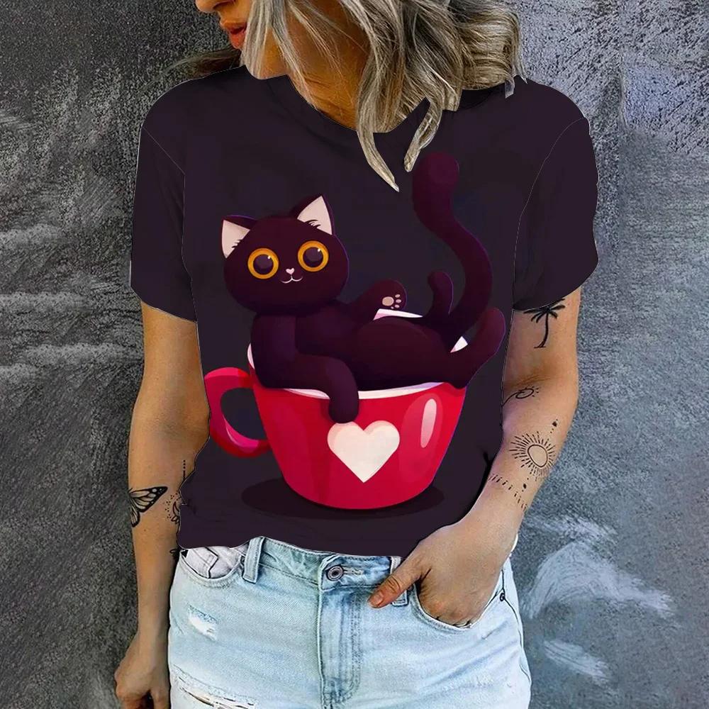 

Летняя женская футболка с мультяшным котом, винтажные топы с круглым вырезом, футболки, женская модная тенденция, одежда с коротким рукавом, женская повседневная одежда 3XL