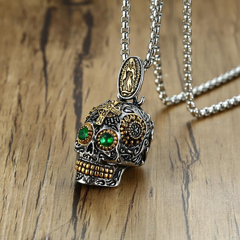 Collana Ciondolo Teschio Occhi Verdi Uomo Cool Gotico Acciaio Inossidabile Uomo Intaglio Fine Dettaglio Alta Qualità Teschio Biker Gioielli