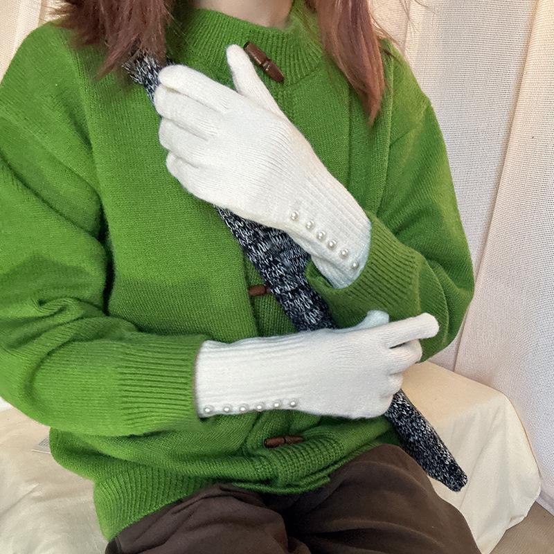 Korean Style Autumn/Winter Pearl Fingerless Touchscreen Wool Gloves for Women