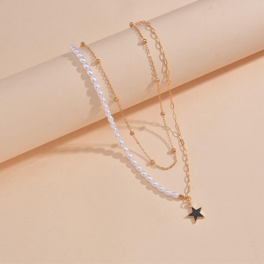 Pearl Splicing Chain Star Pendant Double Stacked Women's Alloy Necklace Neck Chain