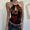 Personalized ethnic style fashion flower print slim fit neck sling vest Spice girl sexy backless hollow top