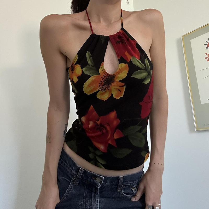 Personalized ethnic style fashion flower print slim fit neck sling vest Spice girl sexy backless hollow top