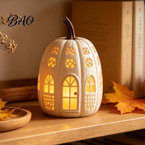 Decorative Pumpkin Sculpture Lighted Cottage Ornament, Flickering Tabletop Lamp, Light-Up Small Desktop Ornament for Autumn Farmhouse Fall Centerpiece