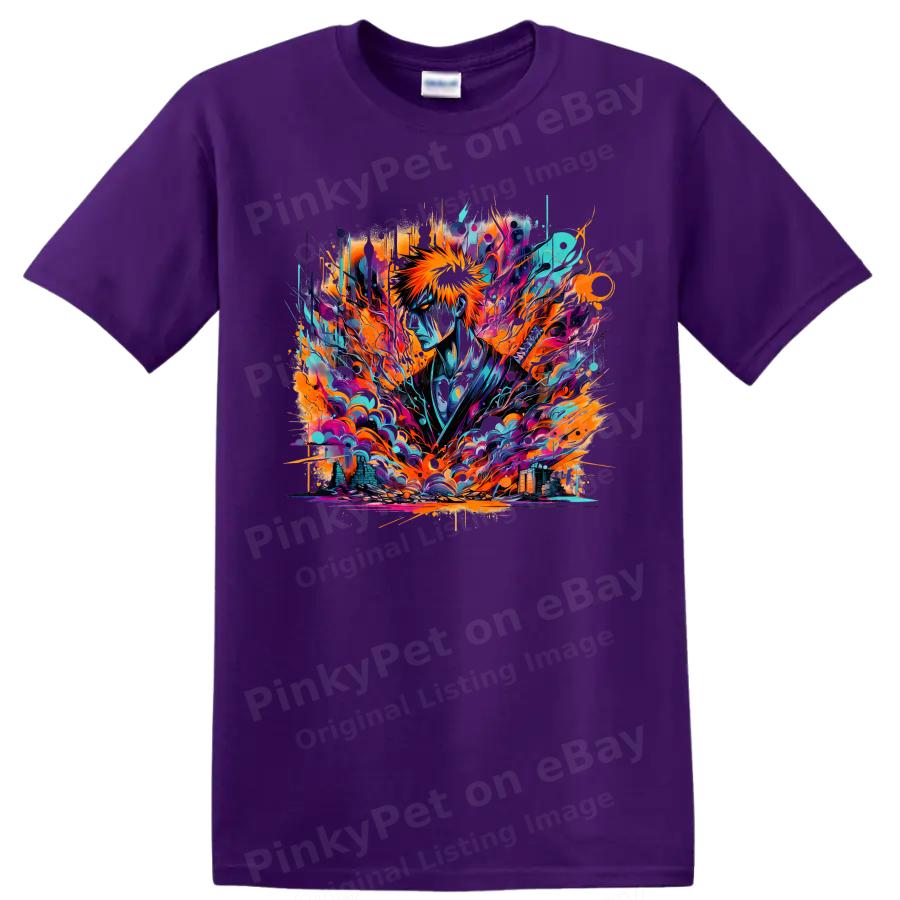 Anime Swordsman T Shirt Neon Orange Blue Abstract Warrior Graphic Tee Gift Art
