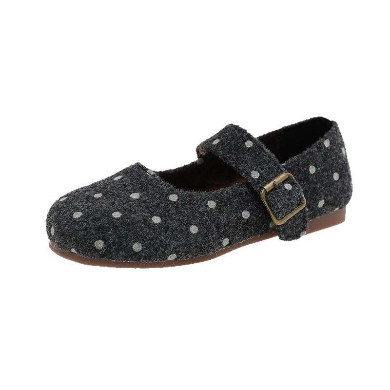 Fashion Polka Dot Flat-bottomed Velvet Mary Jane Shoes Women's Autumn and Winter Shallow Mouth One-word Plush Cotton Single Shoes