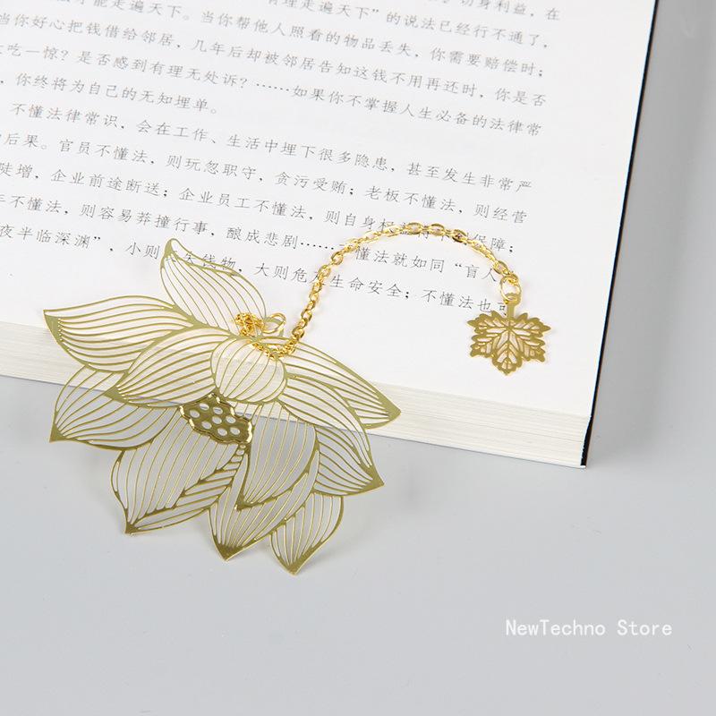 Chinese Style Hollow Out Animals Gold Color Metal Bookmark With Pendant Vintage Lotus Leaf Bookmark Creative Stationery Gift