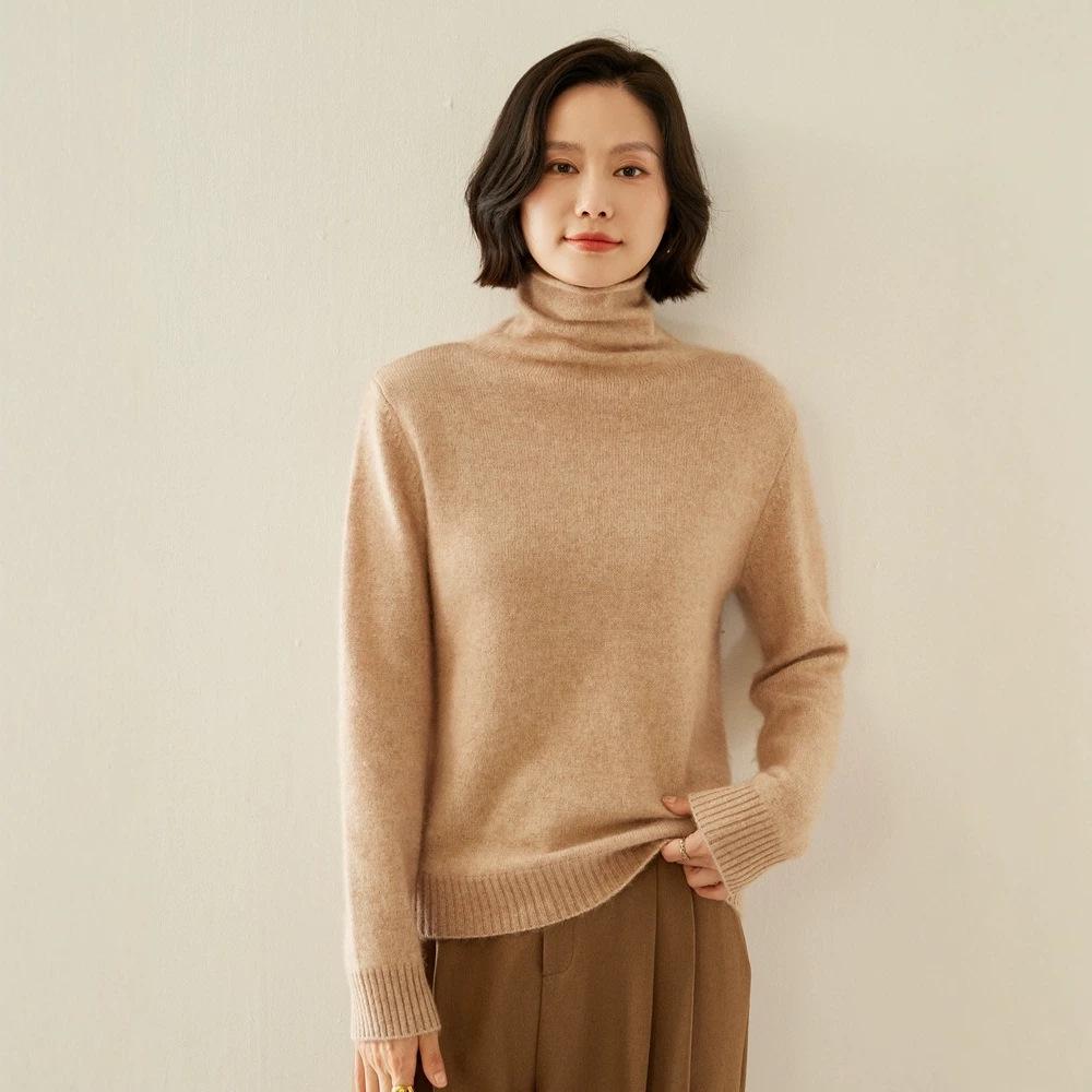 7-Gauge Double-Strand Ribbed Roll-Neck Women's Cashmere Sweater for Autumn/Winter