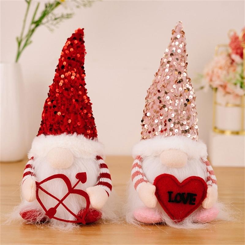 Valentine's Day Gnome Sequins Hat with Led Light Plushes Beard Doll Ornament for Elf Decoration New Year Holiday Gift