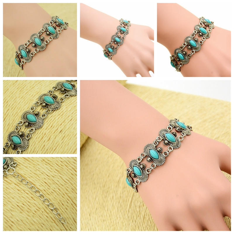 Sexy Boheemse Mode Vrouwen Zilveren Turquoise Bangle Armband Polsband Sieraden