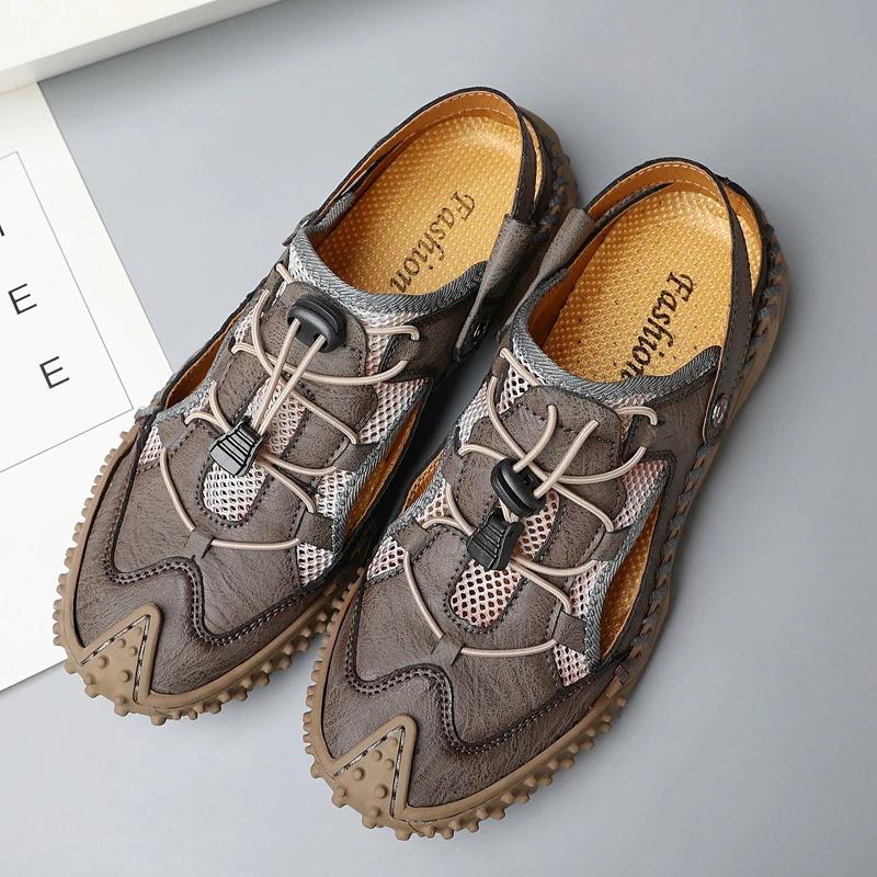 Fashion Men's Casual Leather Half Slipper Shoes Classic Men Sandals Summer Outdoor Walking Male Sneakers Breathable Man Hollow Out Flats