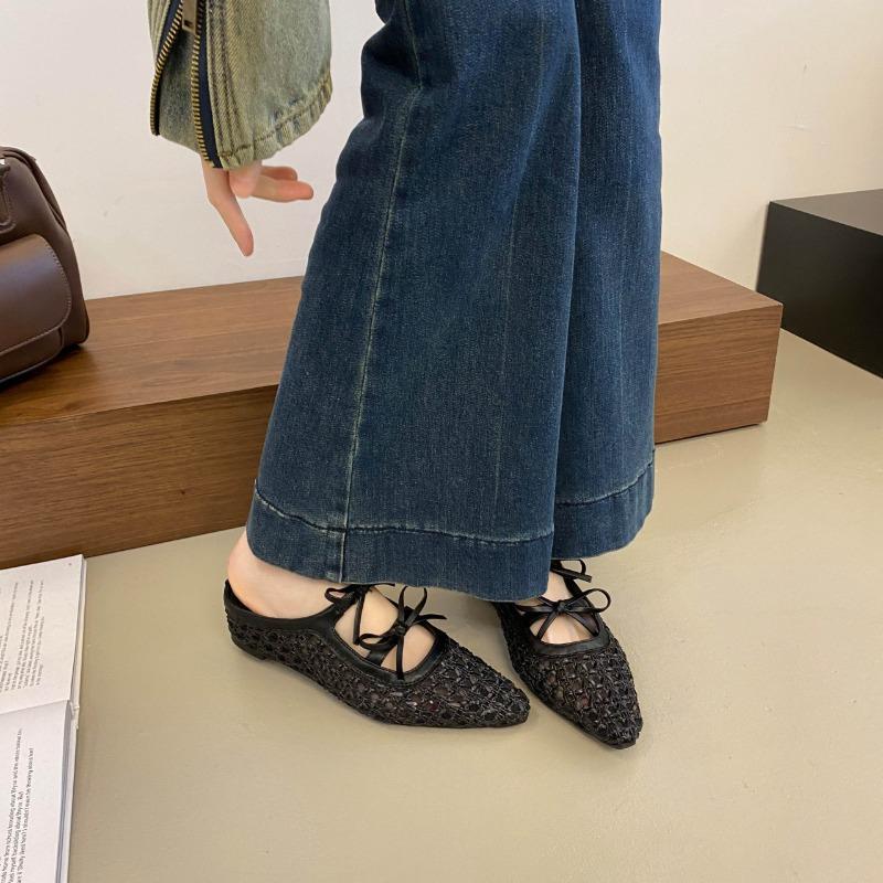 Large size woven bag head half slippers women's summer new bow hollow holiday cool slippers