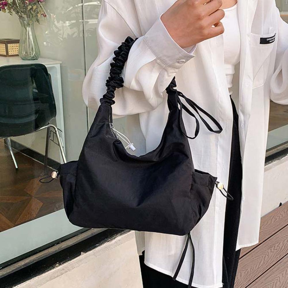 

Nylon Pleated Straps Handbag Zipper Cloth Crossbody Bag Drawstring Shoulder Bag Women M синій