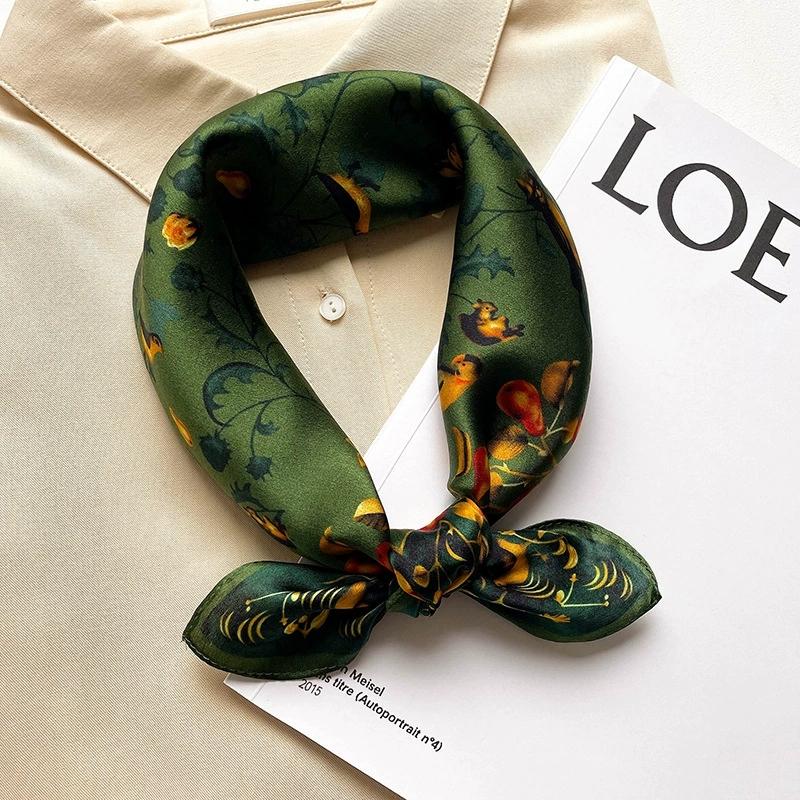 53Cm Square Pure Silk Square Scarf Vintage Print 100% Mulberry Silk Decorative Green Necktie Small Neckerchief For Women