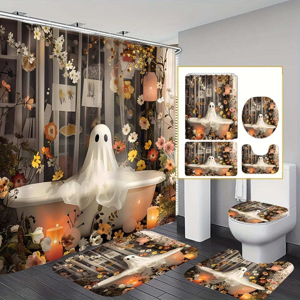 Ensemble de salle de bain récif corallien sous-marin enchanteur - Rideau de douche imperméable, Housse de couvercle de toilette, Tapis de bain et Tapis contour