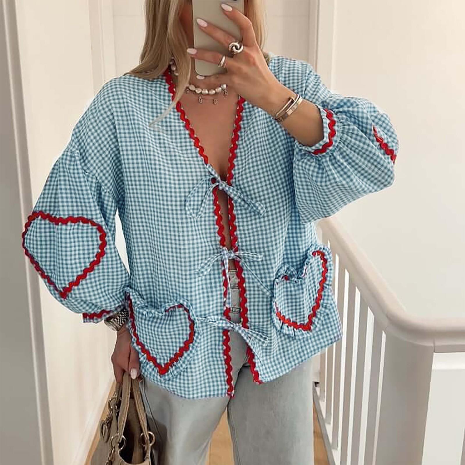 

Женская повседневная клетчатая рубашка с длинным рукавом, свободные топы с ремешком и карманом в форме сердца M синий