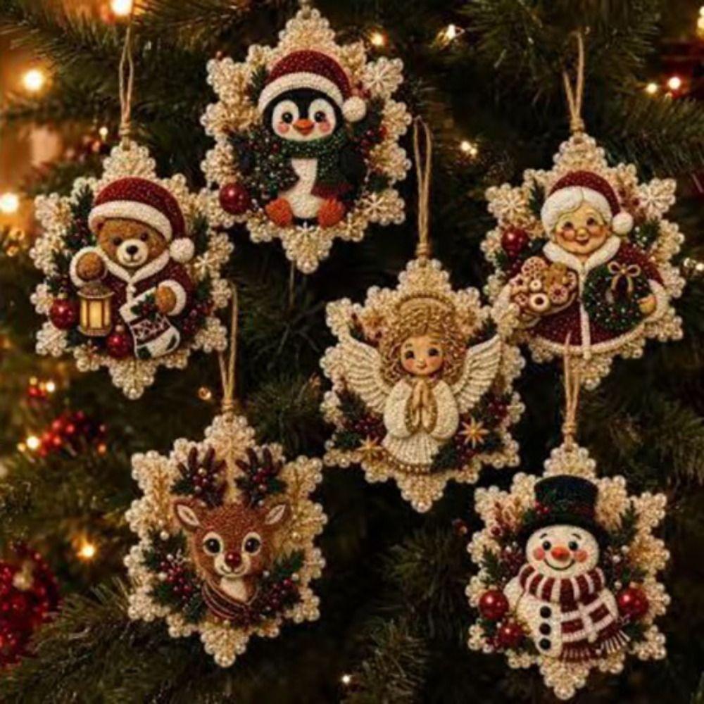 6pcs Pearl Diamond Painting Ornaments 2D Flat Wooden Tag Pendants  Christmas Theme