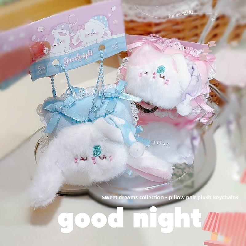 Plush Rabbit And Pillow Keychain With Bow Tie And Nightcap Decor For Cute Bag Accessories