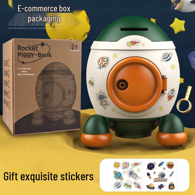 Rocket Piggy Bank for Kids: Large Capacity Coin Bank with Key and Stickers