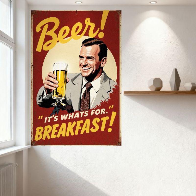 Vintage Style Beer Breakfast Metal Tin Sign, Red Background Beige Circle, Retro Yellow Text 'Beer!' & 'IT’S WHATS FOR BREAKFAST!