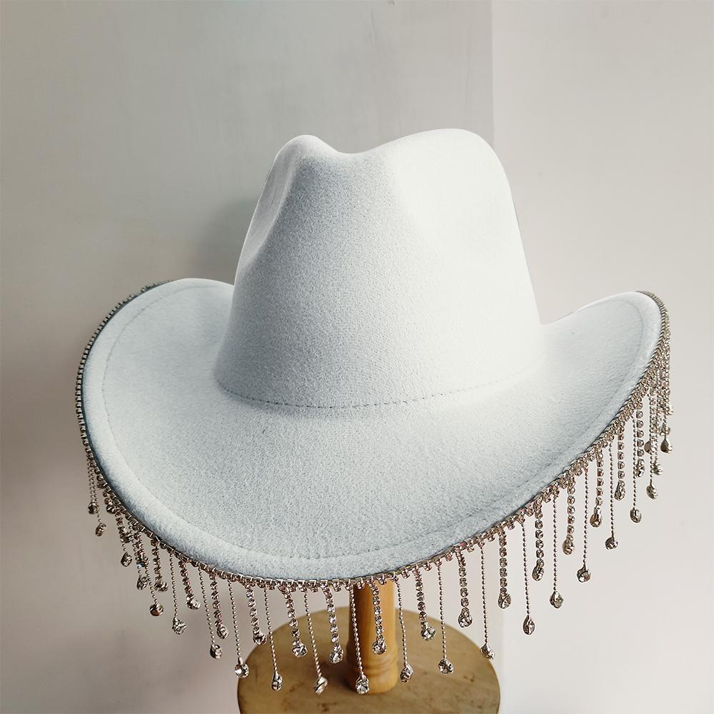 Women Rhinestone Tassel Decor Wide Brim White Fedora Hat For Party Cap Handmade Rhinestone Fringe Cowgirl Hat Wholesale
