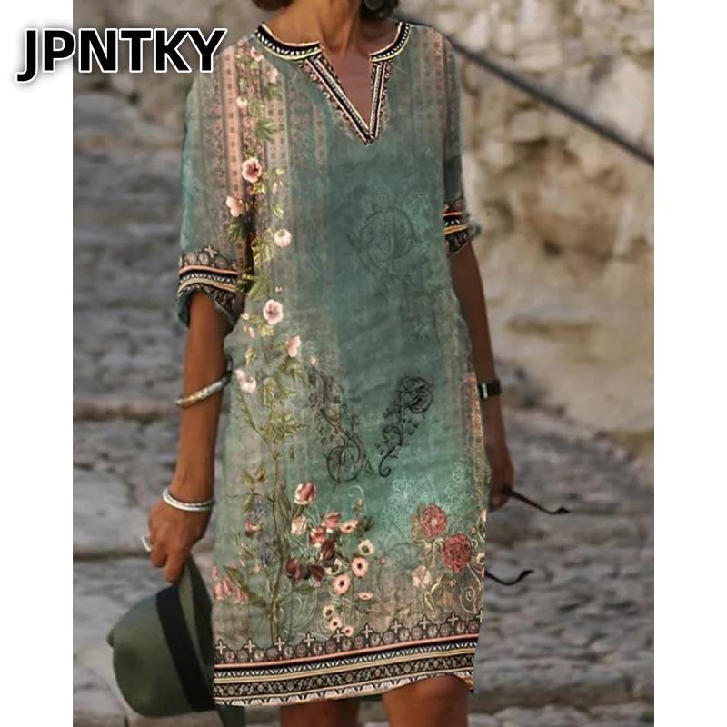 JPNTKY Fashion Summer Spring 1/2 Sleeves V-Neck Casual Dresses