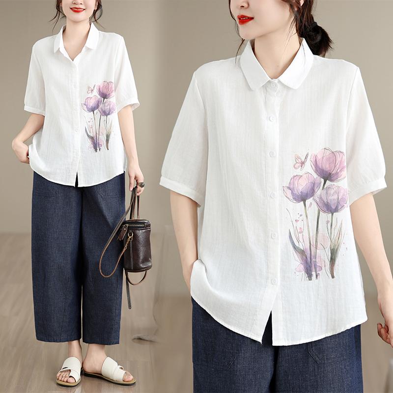 DIMANAF 2026 Women Plus Size New Summer Cotton Blouse Shirt Short Sleeve Print Floral Casual Loose Lady Tops Shirts