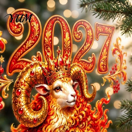 Chinese New Year Home Decor 2027 Red Golden Sheep Window Cling, Electrostatic Glass Sticker with Cornucopia, PVC Waterproof Decorative Film for Shops