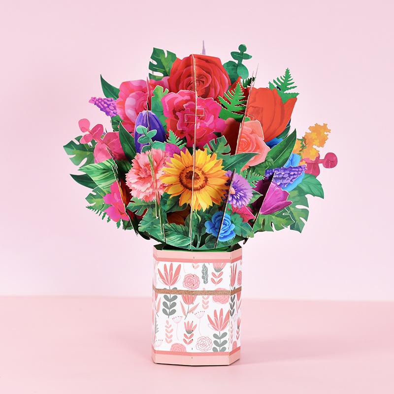 Paper Flower Bouquet Card Forever Flower Bouquet 3D Pop Up Greeting Cards For Valentines Day Graduation Day