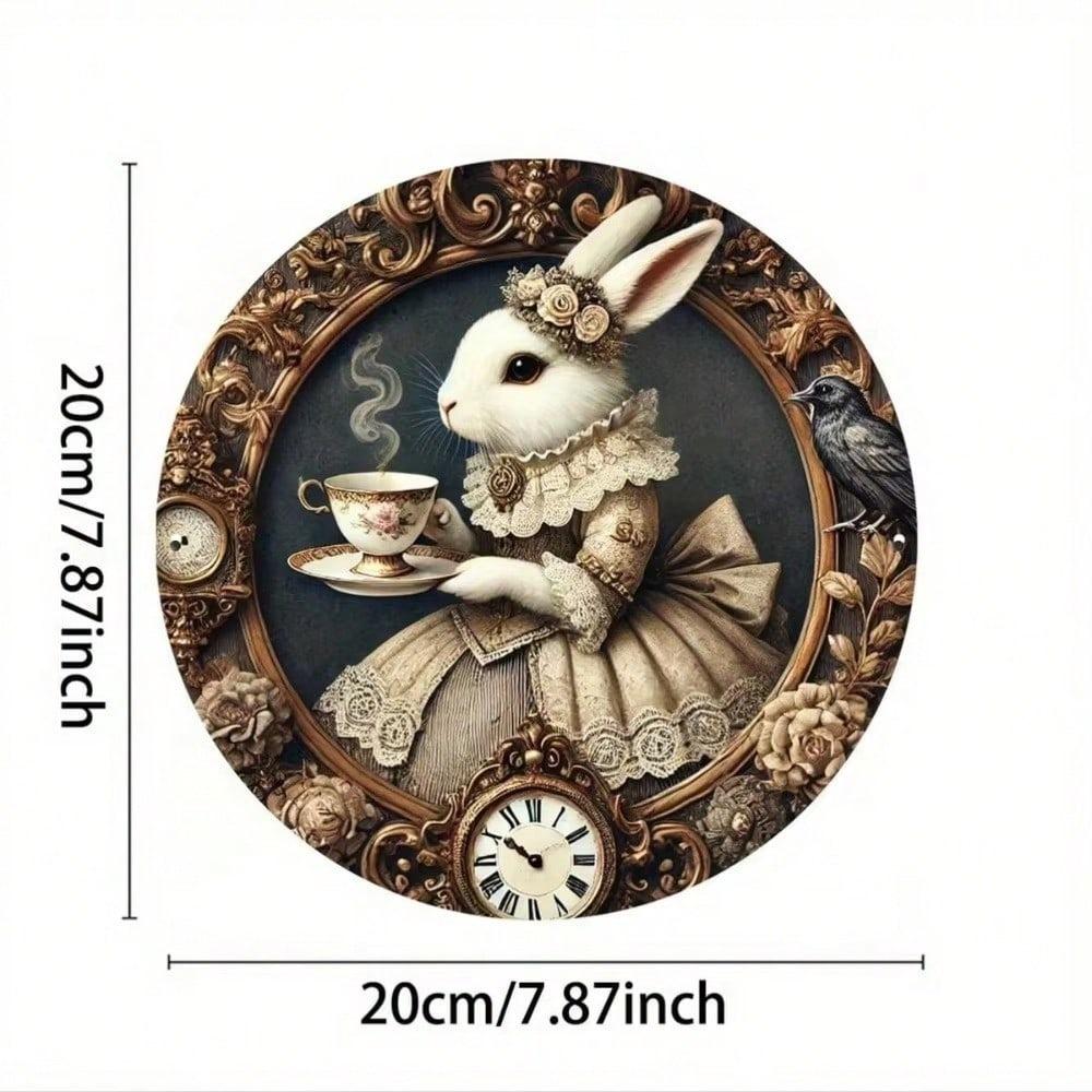 Vintage Round Metal Sign Rabbit Clock 20x20cm Home Wall Art Decor