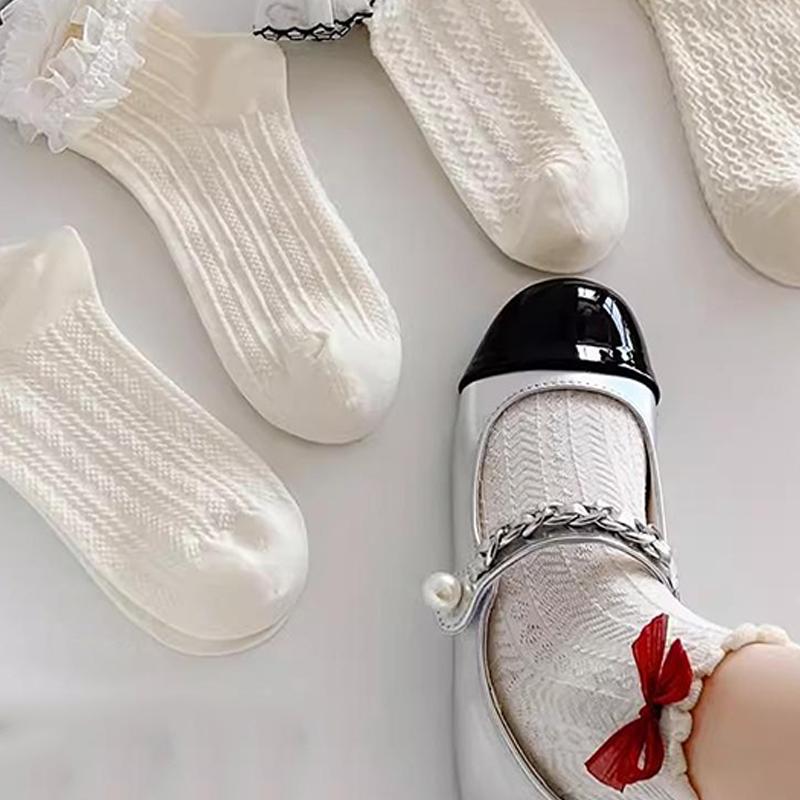 Milky White Bow Lace Socks Women Cute Lolita Japanese Jk Lace Socks Lolita Sweat-Absorbent Mid-Tube Socks