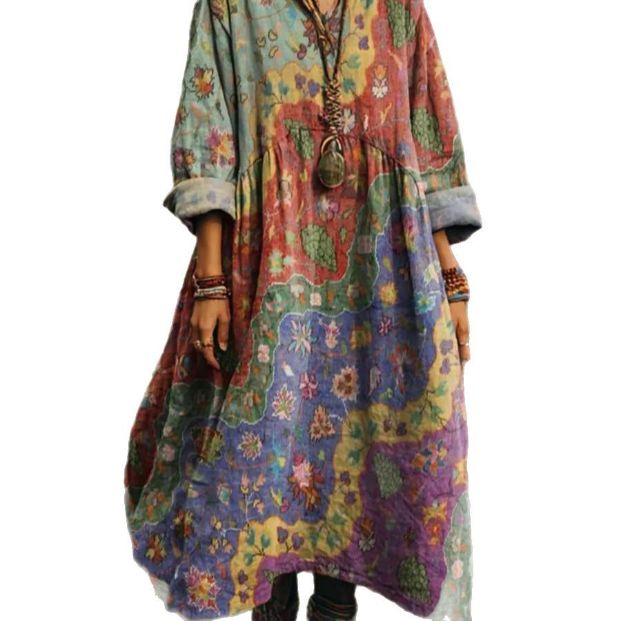 Retro Böhmisches V-Ausschnitt Ethnisches Stil Kleid - Europäischer & Amerikanischer Lässiger Lockerer Schnitt