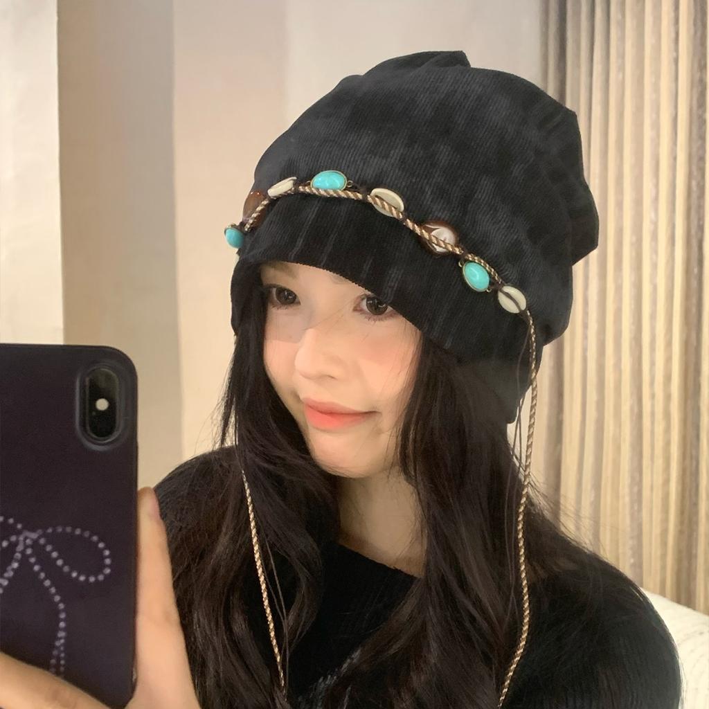 Beaded Tassel Pile Hat for Women Retro Cold Hat Loose Big Head Circumference Showing Face Small Pile Hat Trendy
