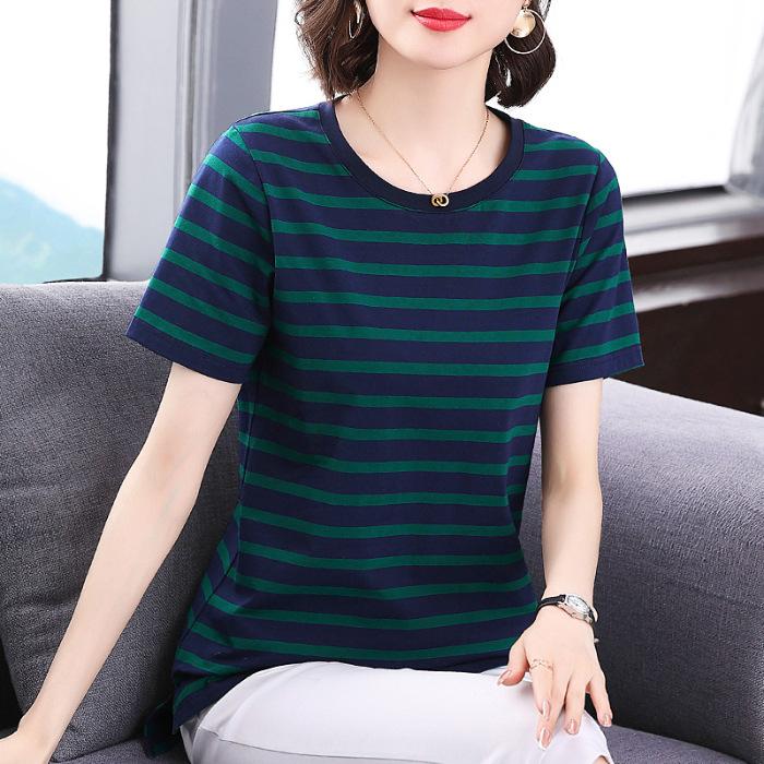 

Новая летняя женская футболка, топ с коротким рукавом, большой размер, свободная, универсальная, с полосками, с круглым вырезом, рубашка для мамы 5XL