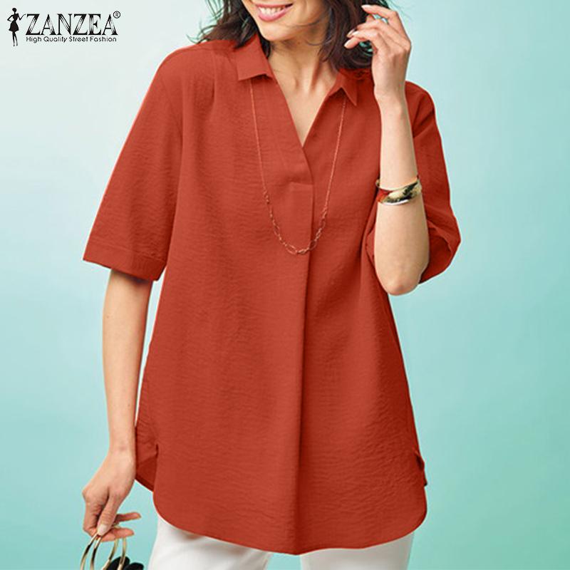 

ZANZEA Женская повседневная летняя блузка с отложным воротником и короткими рукавами