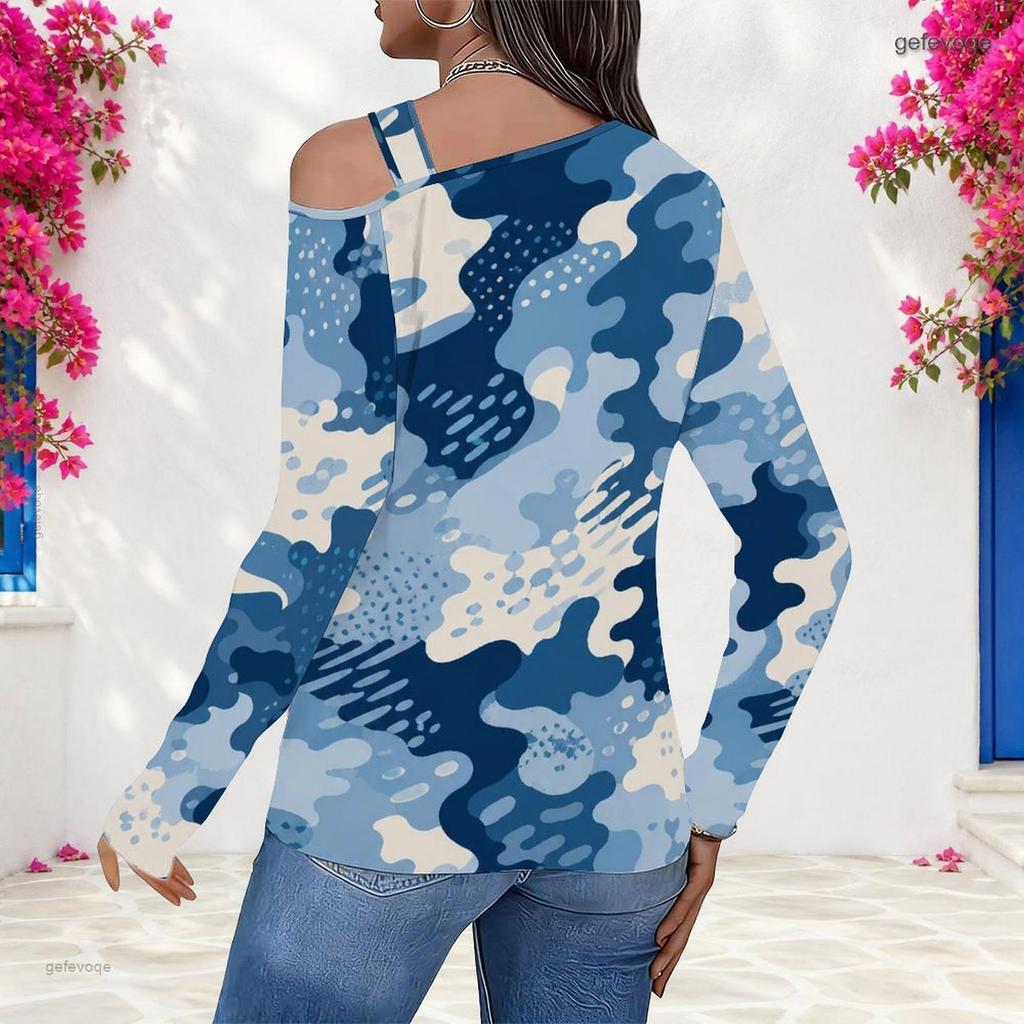 Women Plus Size Camouflage Printed Asymmetric Cutout Neck Cold Shoulder Long Sleeve Fitted Top