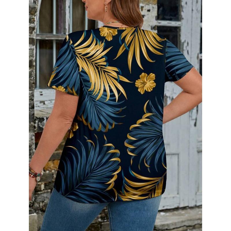 DAFIFY Damenmode Casual Sommer Frühling Blumenmuster Druck Kurzarm V-Ausschnitt Blusen & Hemden